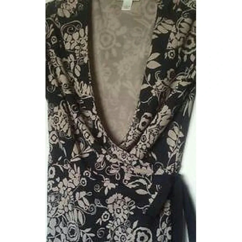 ANN TAYLOR WRAP DRESS Black Tan Print 3/4 LONG SLEEVE Size 4 Small WOMENS NWOT